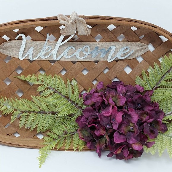 Farm Basket Wall Decor Welcome Sign Hydrangea Greenery Ready To Hang 18" Long - Picture 4 of 8